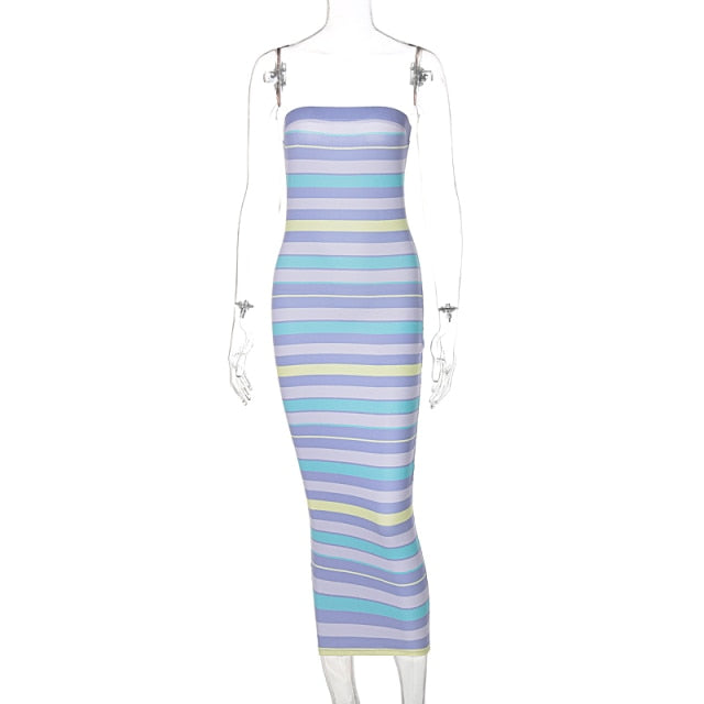 Colorful Striped Print Mid-Calf Dress