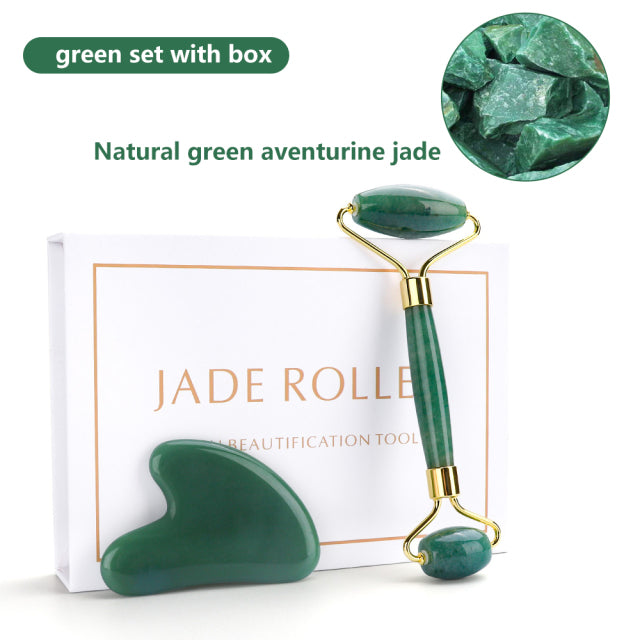 Natural Rose Quartz Jade Roller Gua Sha Set Facial Body Massager Roller Jade Stone Massage Set Face Lifting Beauty Massage Tools