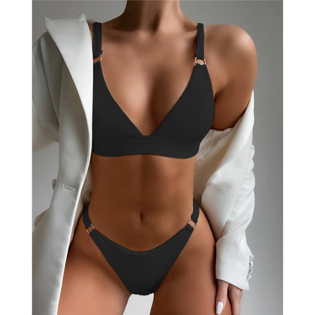 2022 New Sexy Ribbed Ring Bikinis Swimsuit Women Push Up Swimwear Solid Bikini Set Summer Beach Brazil Biquini Swim Bathing Suit