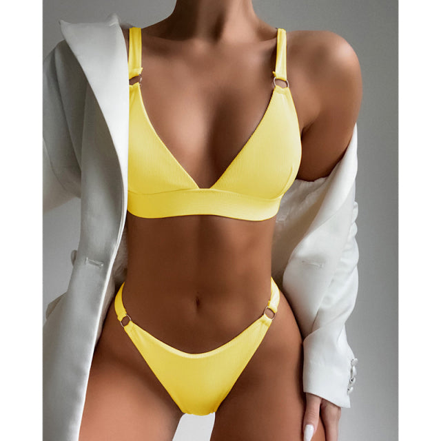 2022 New Sexy Ribbed Ring Bikinis Swimsuit Women Push Up Swimwear Solid Bikini Set Summer Beach Brazil Biquini Swim Bathing Suit