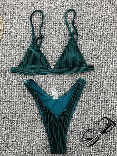 Sexy velvet ribbed swimsuit women Triangle micro bikini set Solid swimwear 2022 High cut swimming Bathing suit Beachwear Biquini