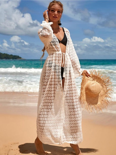 2022 Crochet White Knitted Beach Cover up dress Tunic Long Pareos Bikinis Cover ups Swim Cover up Robe Plage Beachwear