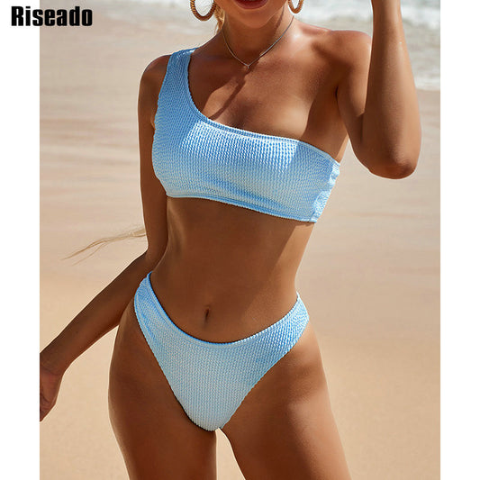 Riseado Sexy One Shoulder Bikini Textured Swimwear Women 2022 High Cut Swimsuit Women Bathing Suits Solid Brazilian Bikinis Set